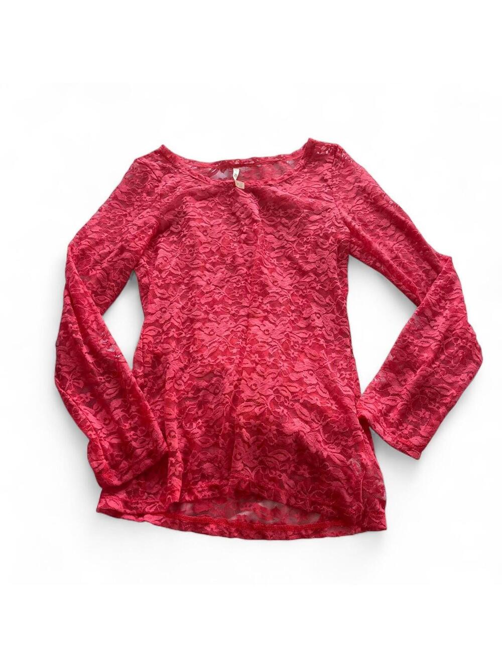 DNA Couture Pink Red Lace Sheer Long Sleeve Top